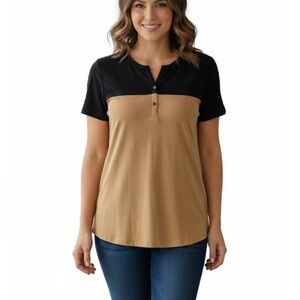 LAISHEN Colorblock Short Sleeve Henley Tee, Women’s M, Black Tan